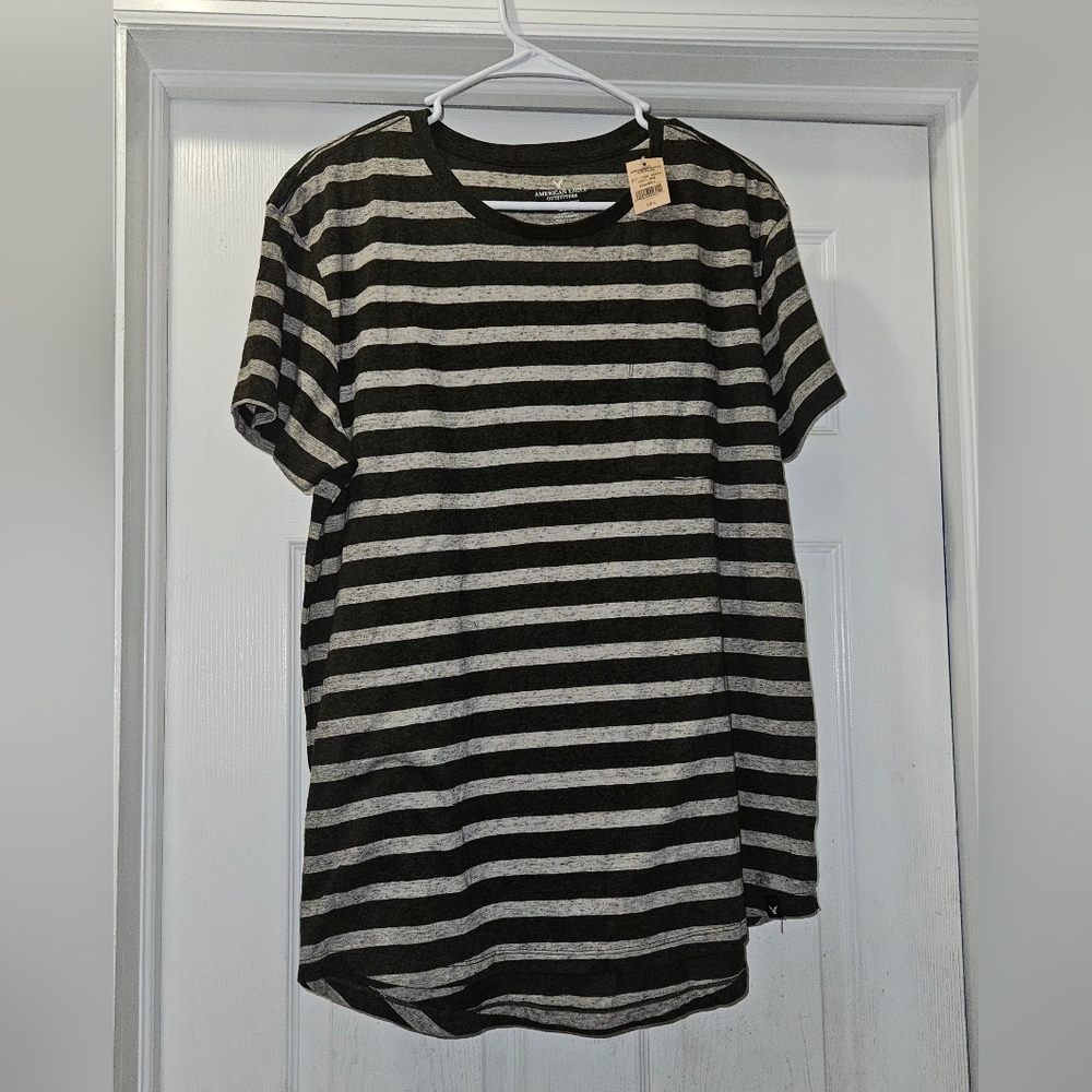 NWT American Eagle Seriously Soft Tee Green And Gray Striped Men's L